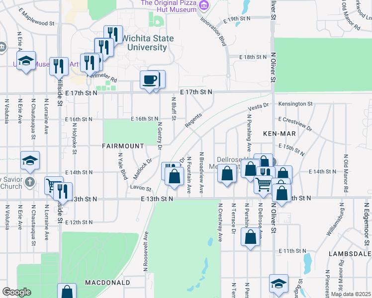 map of restaurants, bars, coffee shops, grocery stores, and more near 4102 Vesta Drive in Wichita