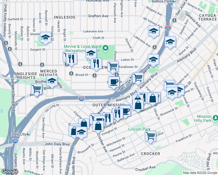 map of restaurants, bars, coffee shops, grocery stores, and more near 118 Sagamore Street in San Francisco