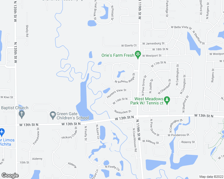 map of restaurants, bars, coffee shops, grocery stores, and more near 12320 Huntersview St in Wichita