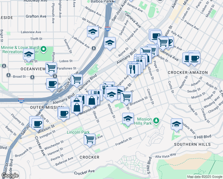 map of restaurants, bars, coffee shops, grocery stores, and more near 2 Ellington Avenue in San Francisco
