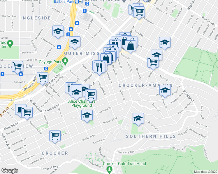 map of restaurants, bars, coffee shops, grocery stores, and more near 119 Guttenberg Street in San Francisco