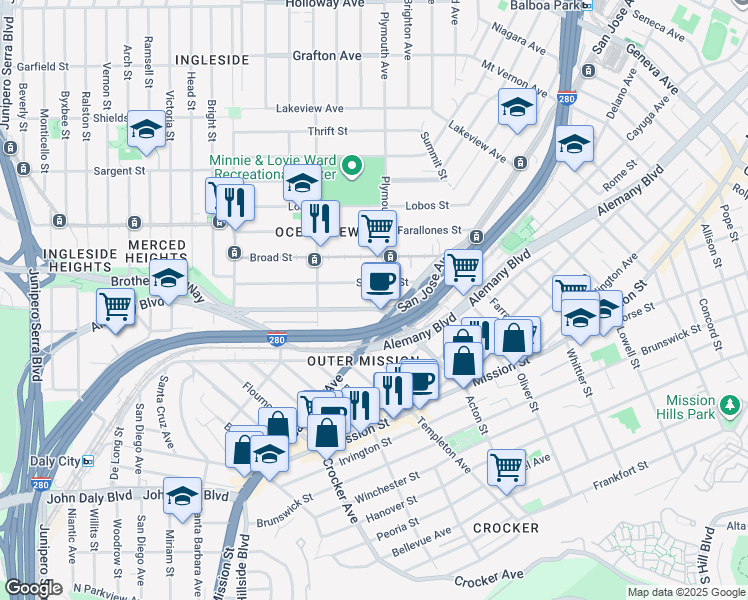 map of restaurants, bars, coffee shops, grocery stores, and more near 118 Sagamore Street in San Francisco