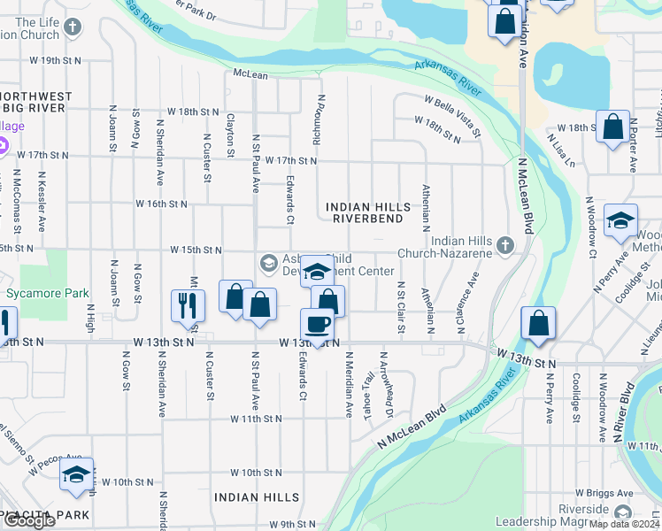 map of restaurants, bars, coffee shops, grocery stores, and more near 1555 North Meridian Avenue in Wichita
