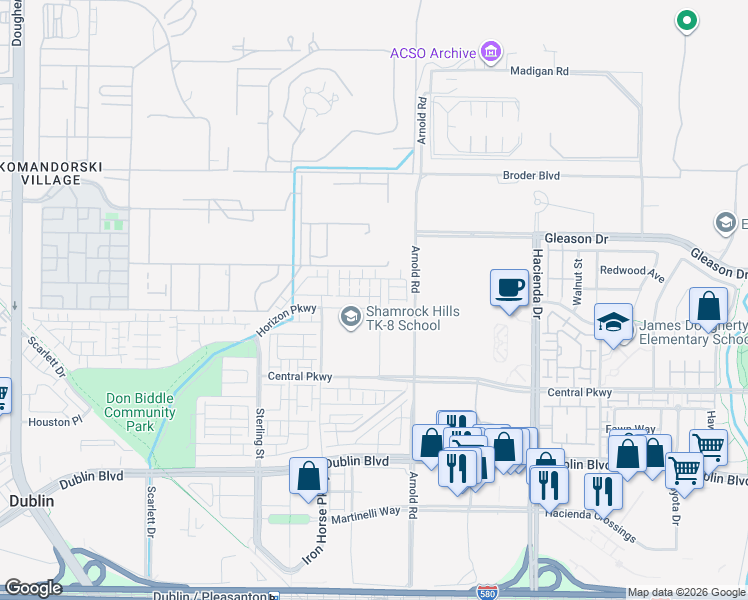 map of restaurants, bars, coffee shops, grocery stores, and more near 5901 Hadley Road in Dublin