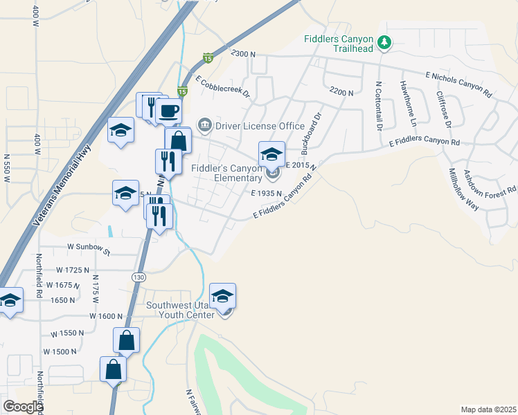 map of restaurants, bars, coffee shops, grocery stores, and more near 431 Fiddlers Canyon Road in Cedar City