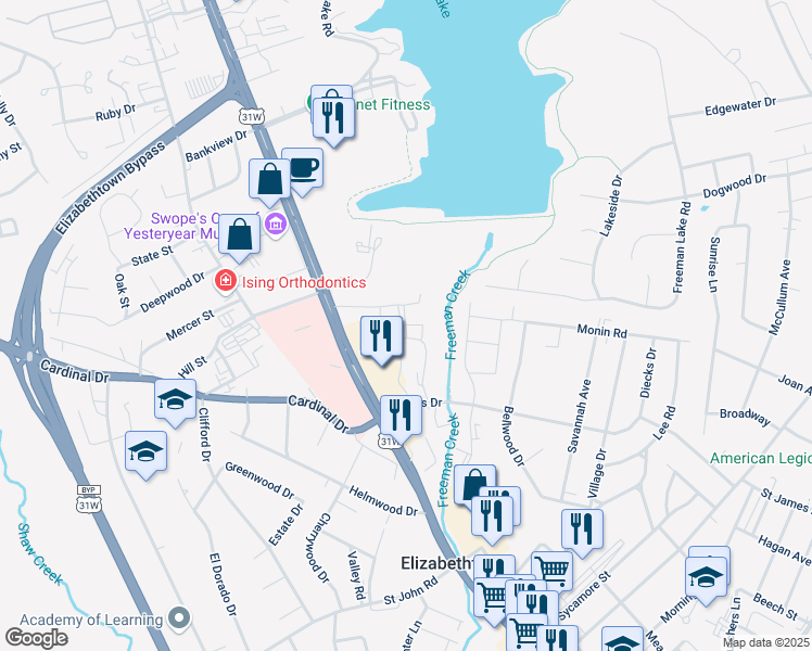 map of restaurants, bars, coffee shops, grocery stores, and more near 901 Memorial Court in Elizabethtown
