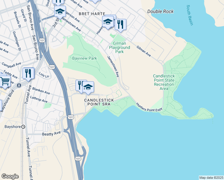 map of restaurants, bars, coffee shops, grocery stores, and more near 601 Crescent Way in San Francisco