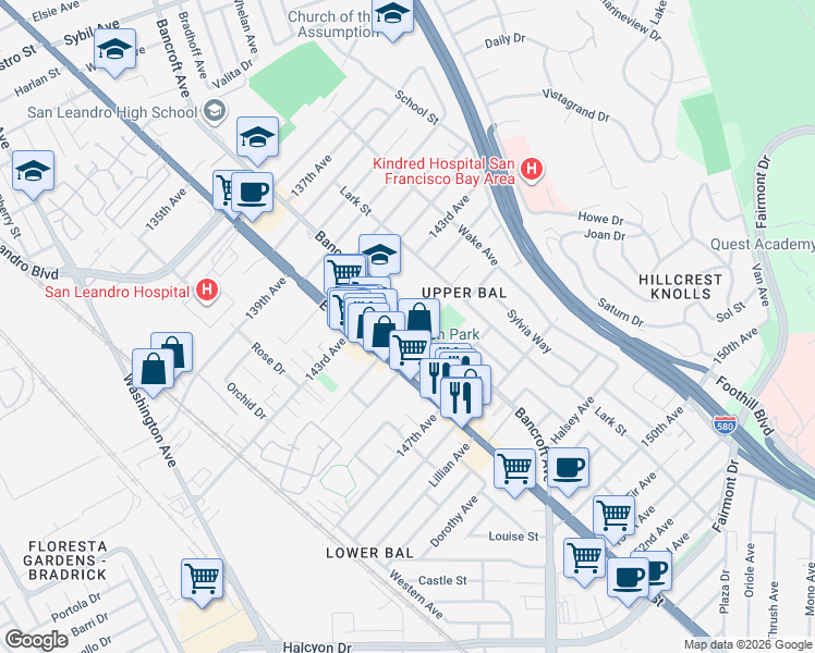 map of restaurants, bars, coffee shops, grocery stores, and more near 14365 Bancroft Avenue in San Leandro