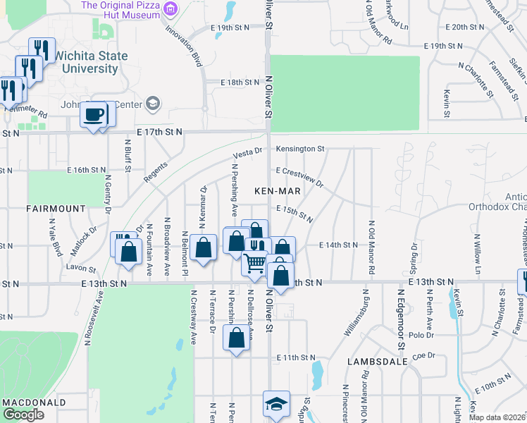 map of restaurants, bars, coffee shops, grocery stores, and more near 1557 North Oliver Street in Wichita
