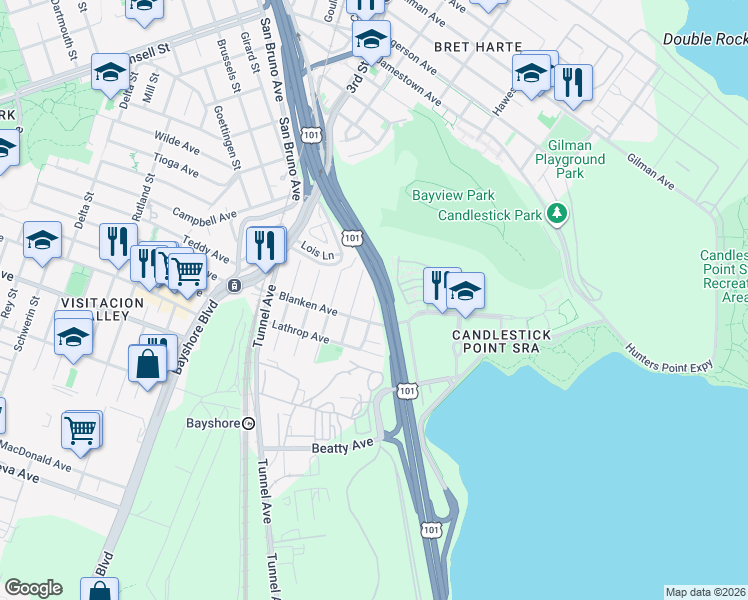 map of restaurants, bars, coffee shops, grocery stores, and more near McKinley Avenue in San Francisco