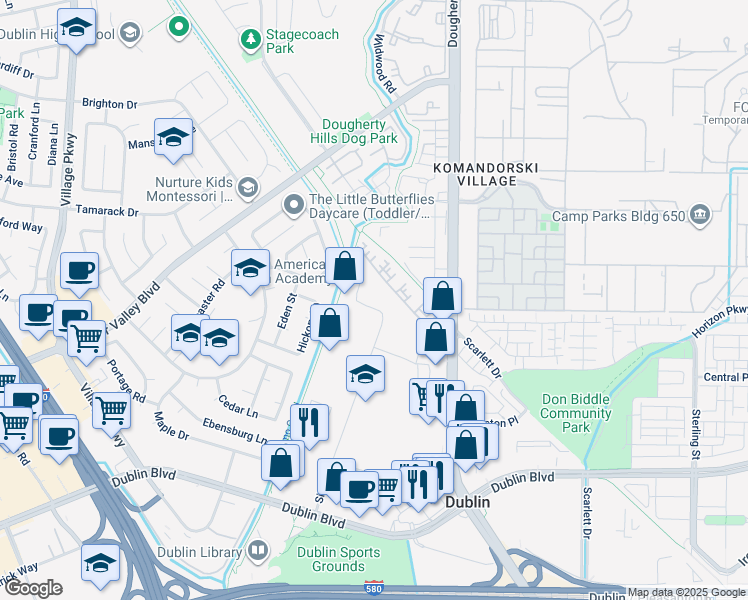 map of restaurants, bars, coffee shops, grocery stores, and more near 6988 Sierra Court in Dublin