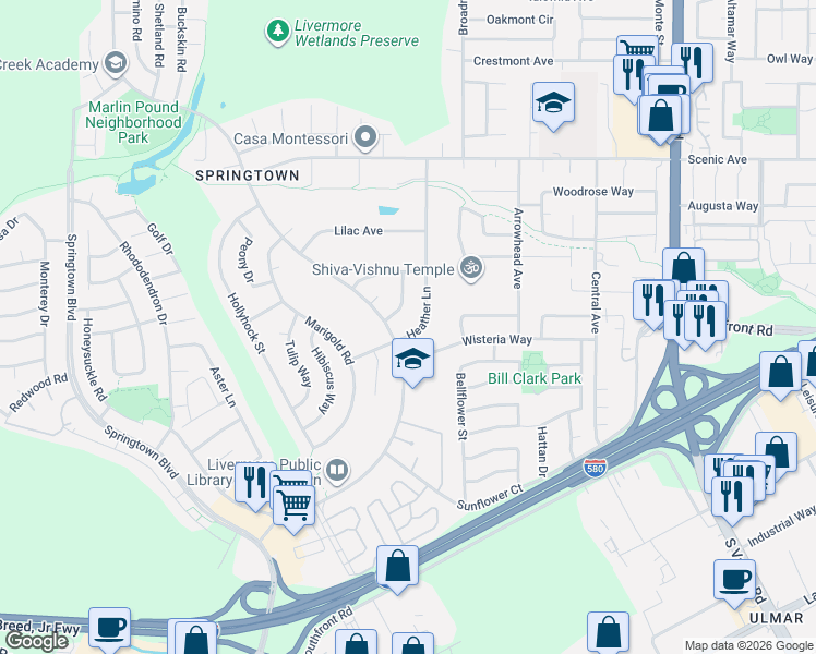 map of restaurants, bars, coffee shops, grocery stores, and more near 1253 Heather Lane in Livermore