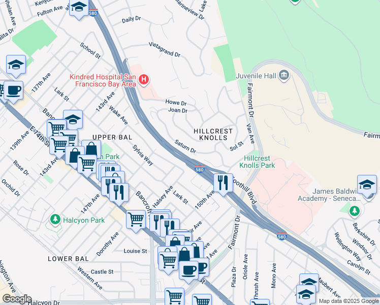 map of restaurants, bars, coffee shops, grocery stores, and more near 14749 Saturn Drive in San Leandro
