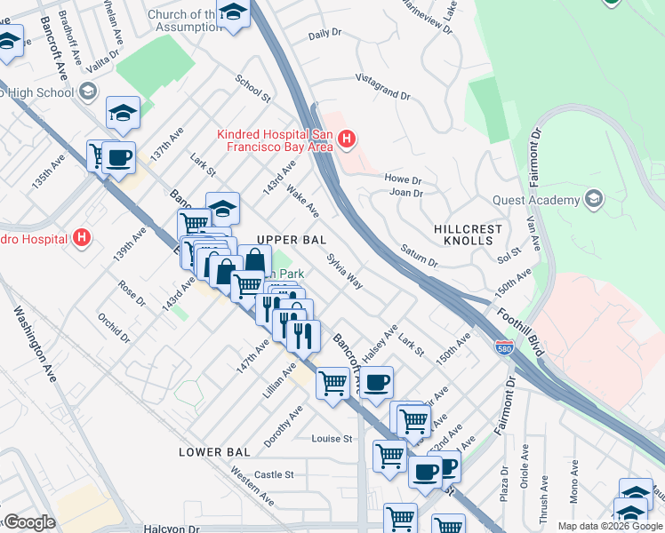 map of restaurants, bars, coffee shops, grocery stores, and more near 14651 Sylvia Way in San Leandro