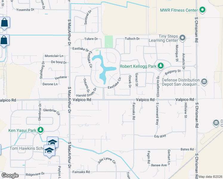 map of restaurants, bars, coffee shops, grocery stores, and more near 2681 Pyramid Drive in Tracy