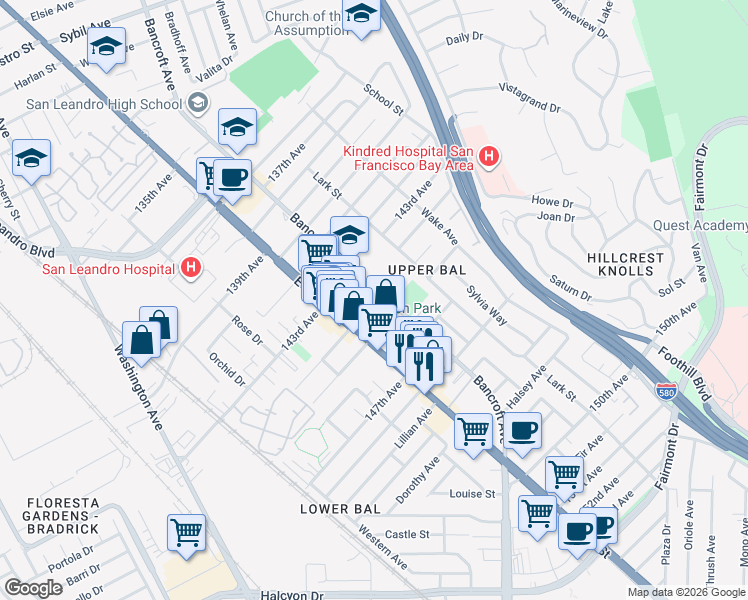 map of restaurants, bars, coffee shops, grocery stores, and more near 14365 Bancroft Avenue in San Leandro