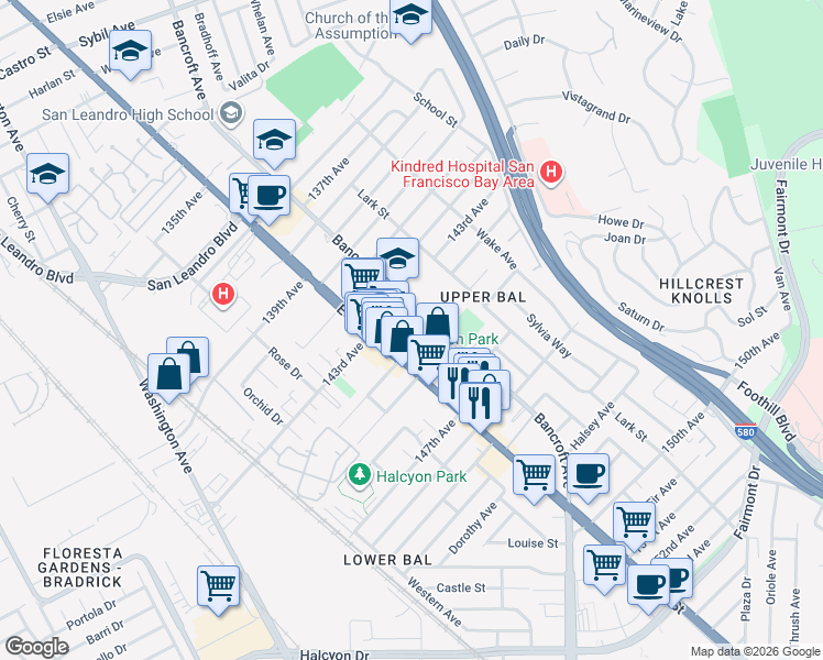 map of restaurants, bars, coffee shops, grocery stores, and more near 14365 Bancroft Avenue in San Leandro