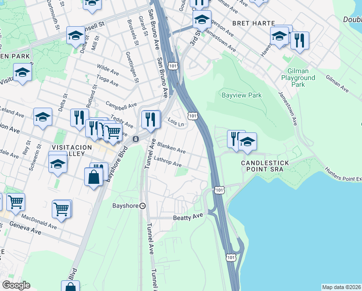 map of restaurants, bars, coffee shops, grocery stores, and more near 300 Blanken Avenue in San Francisco