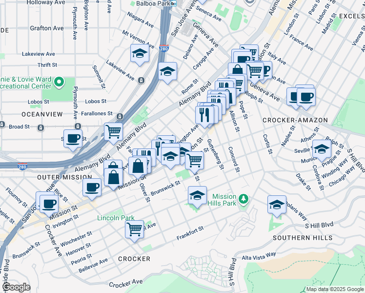map of restaurants, bars, coffee shops, grocery stores, and more near in San Francisco