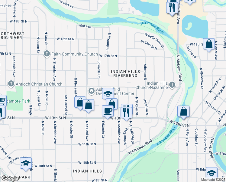 map of restaurants, bars, coffee shops, grocery stores, and more near 1555 North Meridian Avenue in Wichita