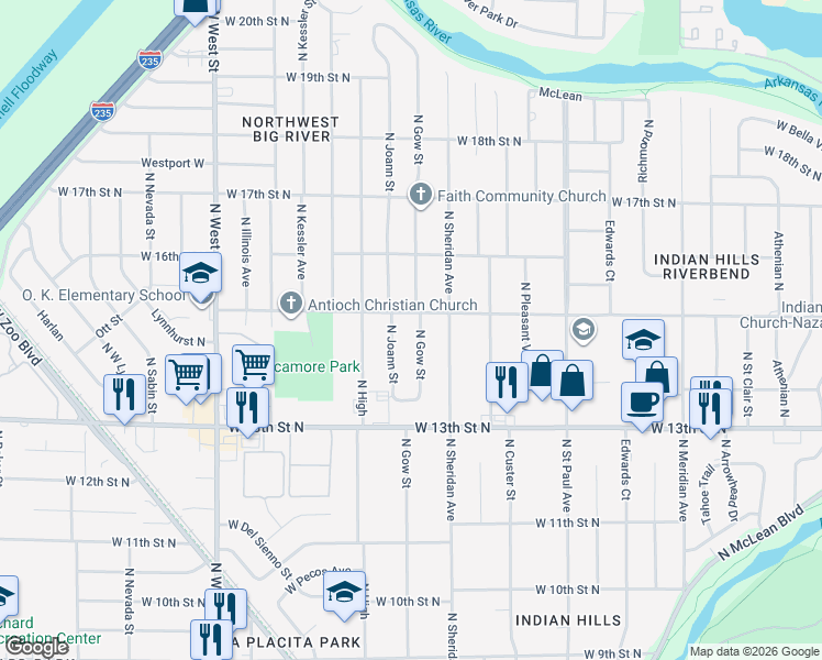 map of restaurants, bars, coffee shops, grocery stores, and more near 1526 N Gow St in Wichita
