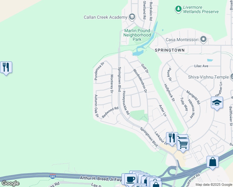 map of restaurants, bars, coffee shops, grocery stores, and more near 1825 Monterey Drive in Livermore