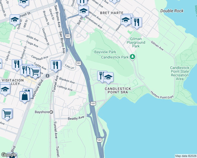 map of restaurants, bars, coffee shops, grocery stores, and more near Candlestick Cove Way in San Francisco