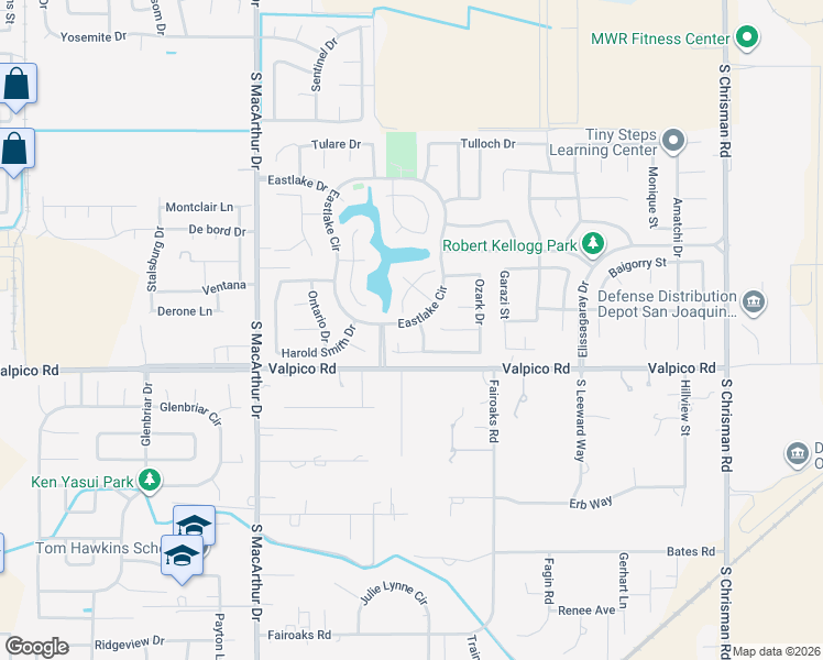map of restaurants, bars, coffee shops, grocery stores, and more near 2681 Pyramid Drive in Tracy