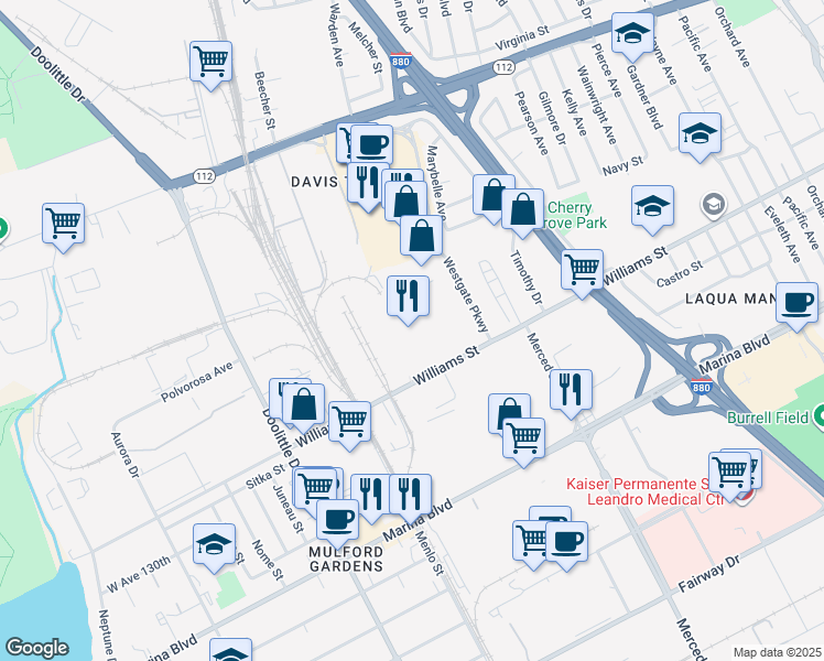 map of restaurants, bars, coffee shops, grocery stores, and more near 1976 Williams Street in San Leandro