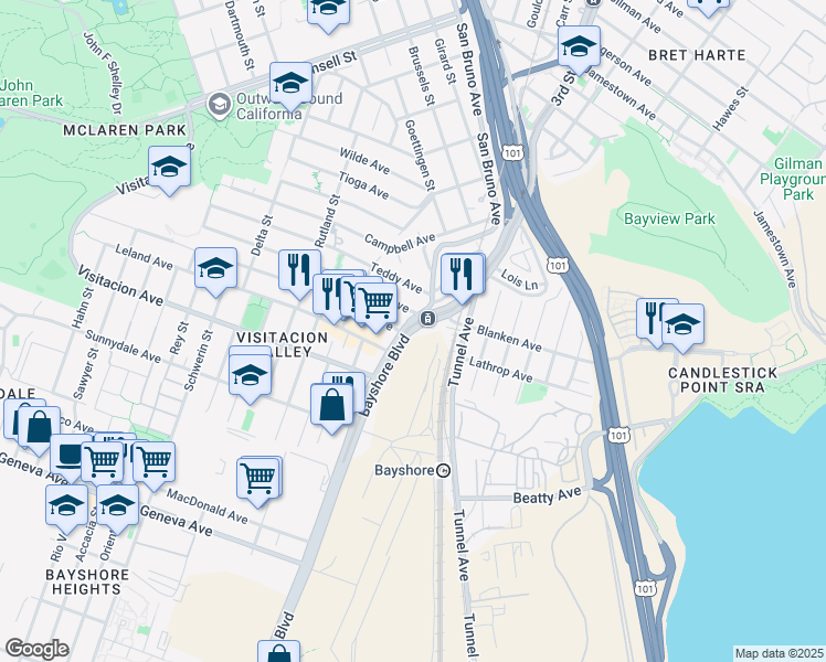 map of restaurants, bars, coffee shops, grocery stores, and more near 8443 Bayshore Boulevard in San Francisco