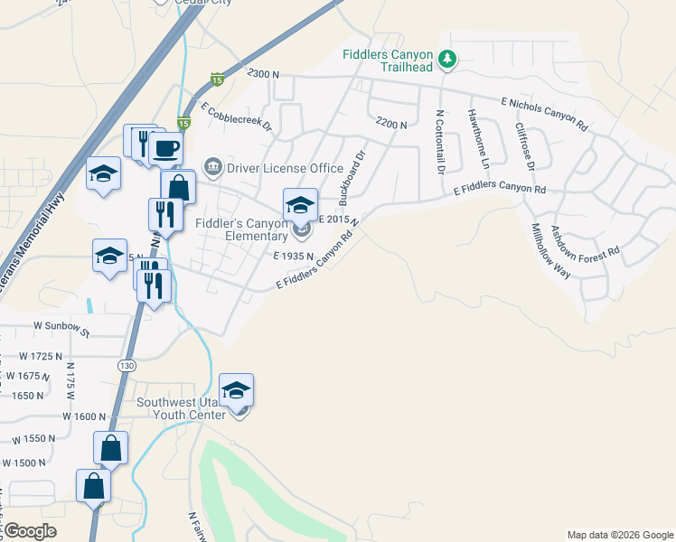 map of restaurants, bars, coffee shops, grocery stores, and more near 504-610 East Fiddlers Canyon Drive in Cedar City
