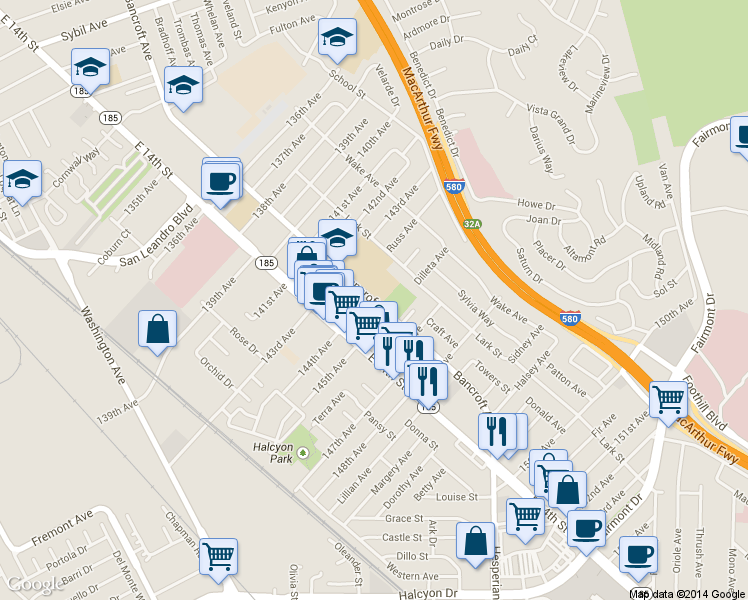 map of restaurants, bars, coffee shops, grocery stores, and more near 14300-14584 Bancroft Avenue in San Leandro