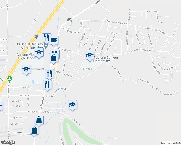 map of restaurants, bars, coffee shops, grocery stores, and more near 477 East Fiddlers Canyon Road in Cedar City