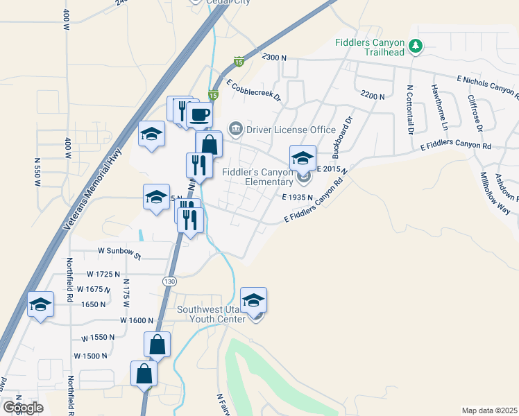 map of restaurants, bars, coffee shops, grocery stores, and more near 1888 North Wedgewood Lane in Cedar City