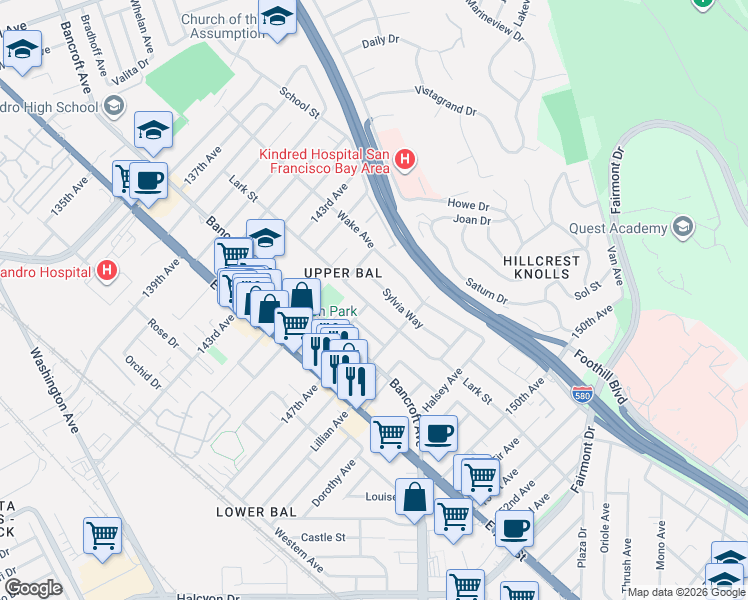 map of restaurants, bars, coffee shops, grocery stores, and more near 14752 Lark Street in San Leandro