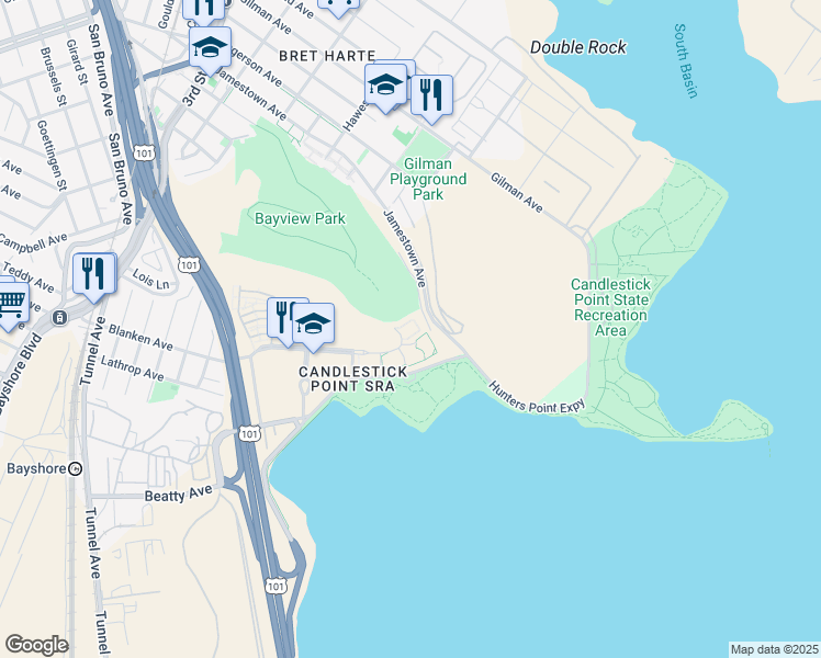 map of restaurants, bars, coffee shops, grocery stores, and more near 401 Crescent Court in San Francisco
