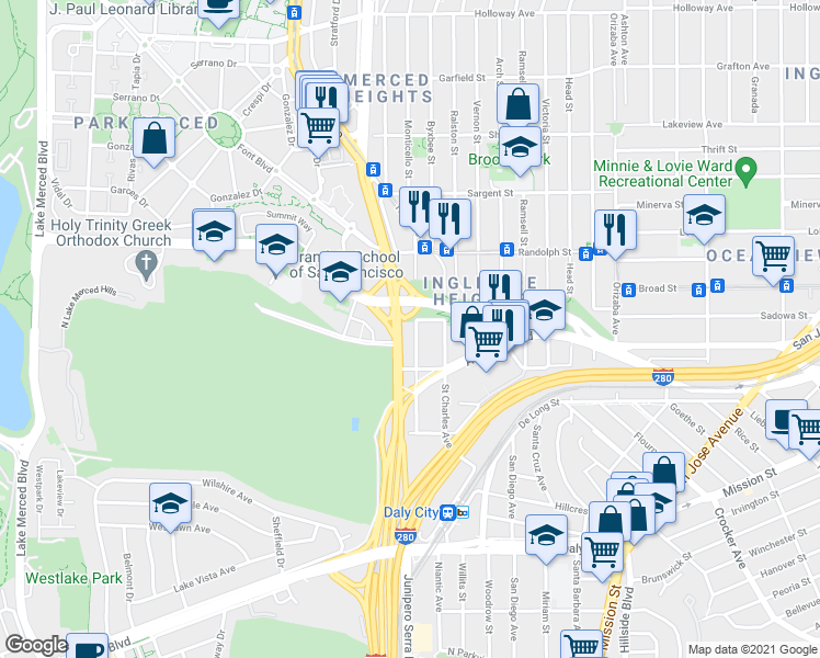 map of restaurants, bars, coffee shops, grocery stores, and more near 256 Chester Avenue in San Francisco