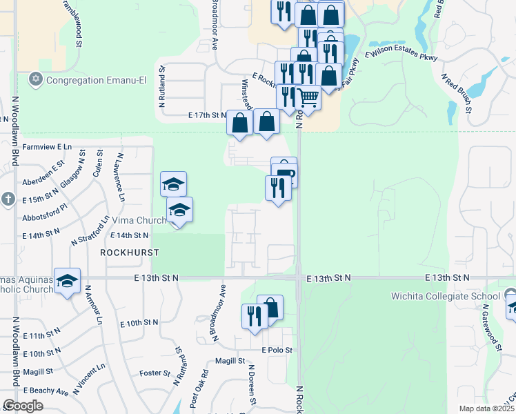 map of restaurants, bars, coffee shops, grocery stores, and more near 1455 N Rock Rd in Wichita