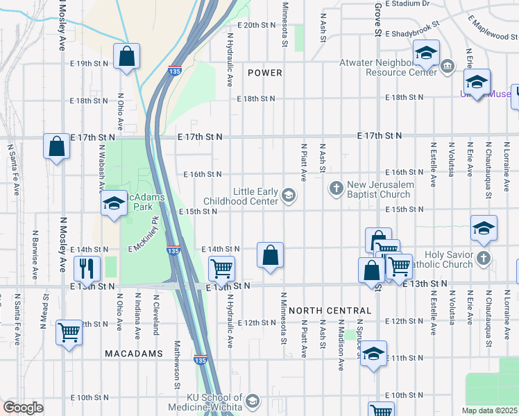 map of restaurants, bars, coffee shops, grocery stores, and more near 1559 North Minneapolis Street in Wichita