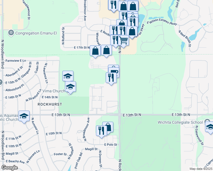map of restaurants, bars, coffee shops, grocery stores, and more near 1455 North Rock Road in Derby