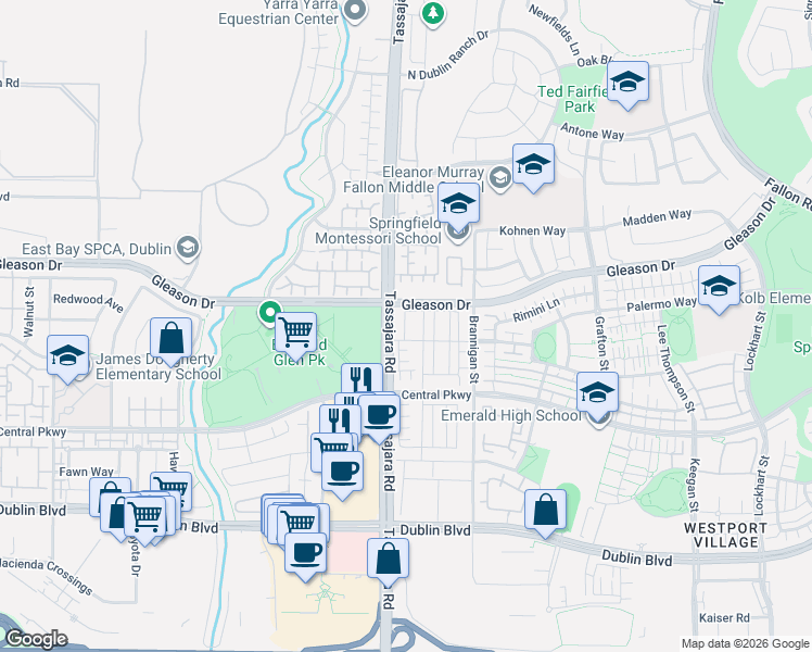 map of restaurants, bars, coffee shops, grocery stores, and more near 5845-5973 Tassajara Road in Dublin