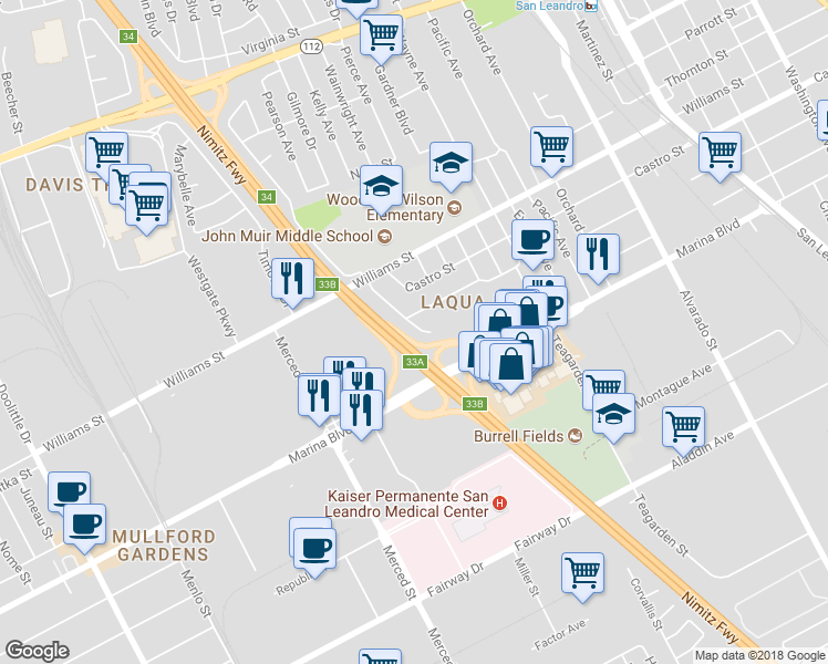 map of restaurants, bars, coffee shops, grocery stores, and more near 2025 Sundberg Avenue in San Leandro