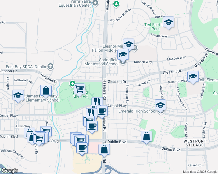 map of restaurants, bars, coffee shops, grocery stores, and more near 5845-5973 Tassajara Road in Dublin