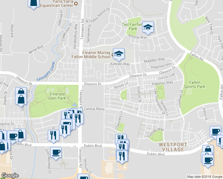 map of restaurants, bars, coffee shops, grocery stores, and more near 3697 Aviano Way in Dublin