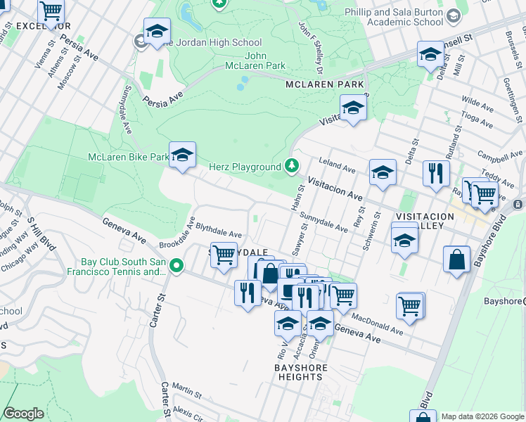 map of restaurants, bars, coffee shops, grocery stores, and more near 1633-1647 Sunnydale Avenue in San Francisco