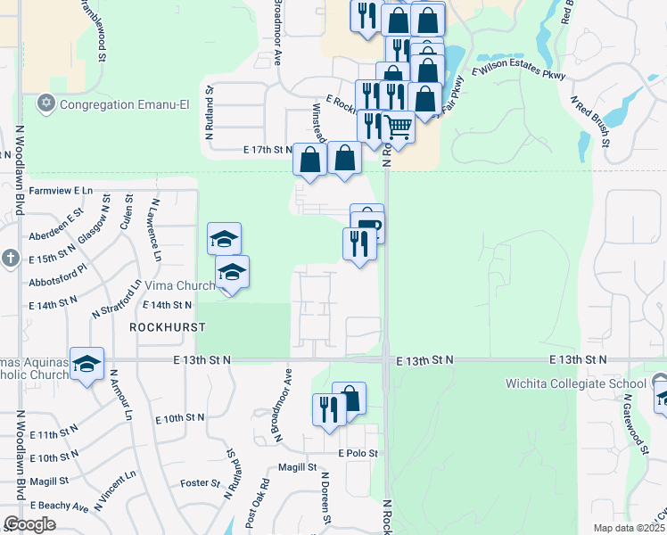 map of restaurants, bars, coffee shops, grocery stores, and more near 1455 N Rock Rd in Wichita