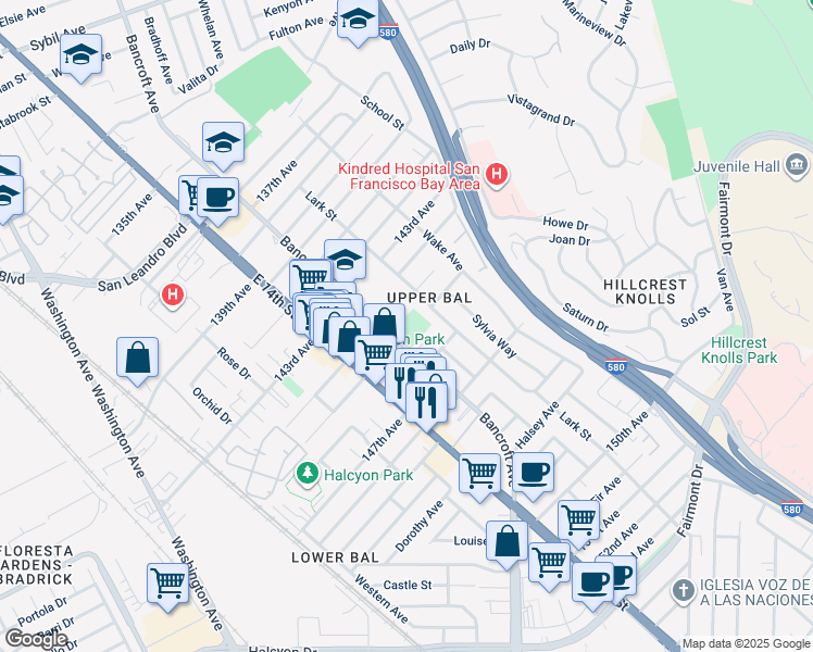 map of restaurants, bars, coffee shops, grocery stores, and more near 14300 Bancroft Avenue in San Leandro