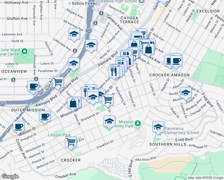 map of restaurants, bars, coffee shops, grocery stores, and more near 644 Morse Street in San Francisco