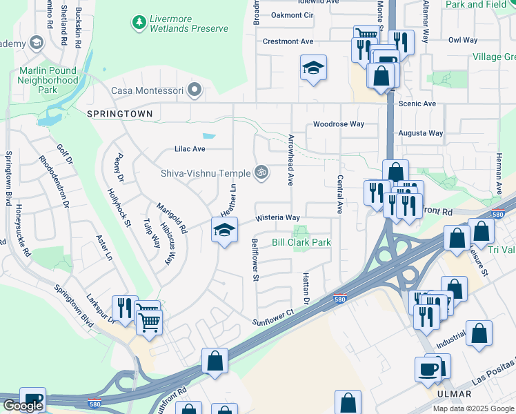 map of restaurants, bars, coffee shops, grocery stores, and more near 5344 Wisteria Way in Livermore