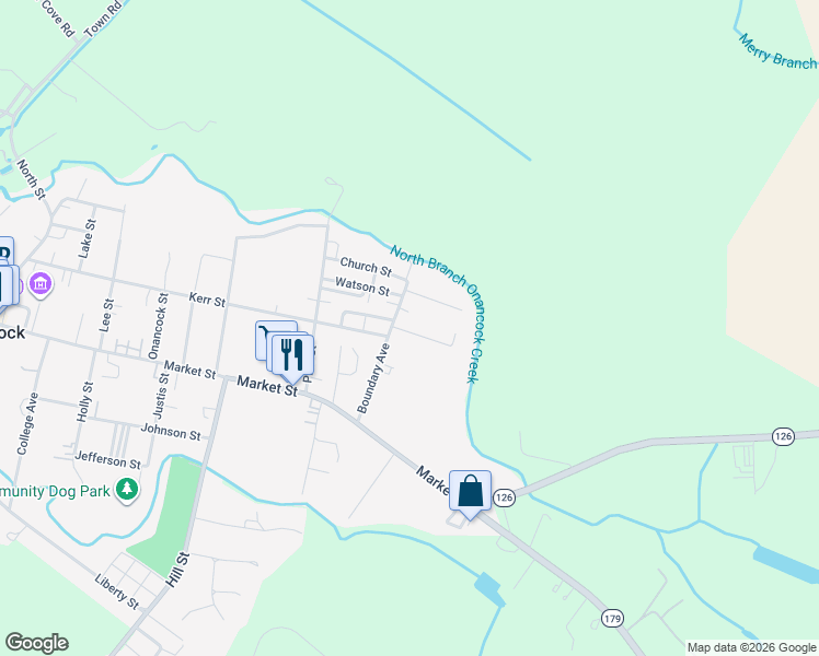 map of restaurants, bars, coffee shops, grocery stores, and more near 1 School Street in Onancock